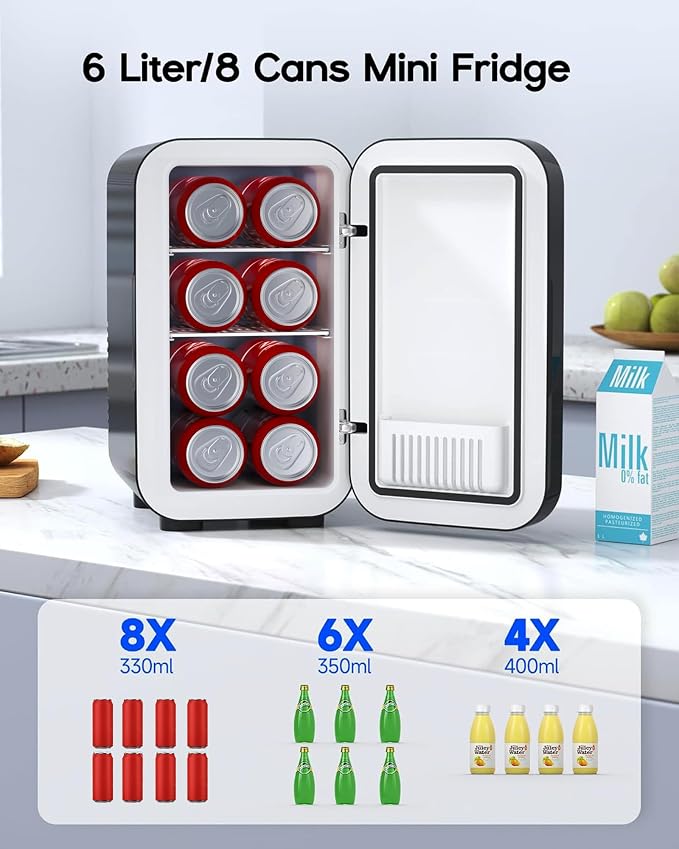 BEICHEN Mini Fridge,6 Liter / 8 Can Small Fridge for Bedroom, Car, Office | Cooler & Warmer for Food, Drinks, Skincare,Energy Saving, Low Noise,110V Ac/12V Dc,Compact & Portable,BLACK ﻿