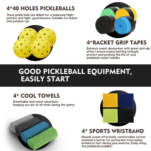 Aihoye Pickleball Paddles Set of 4, Wooden Rackets with Cushion Grip, Indoor & Outdoor, 4 Balls & 1 Carry Bag