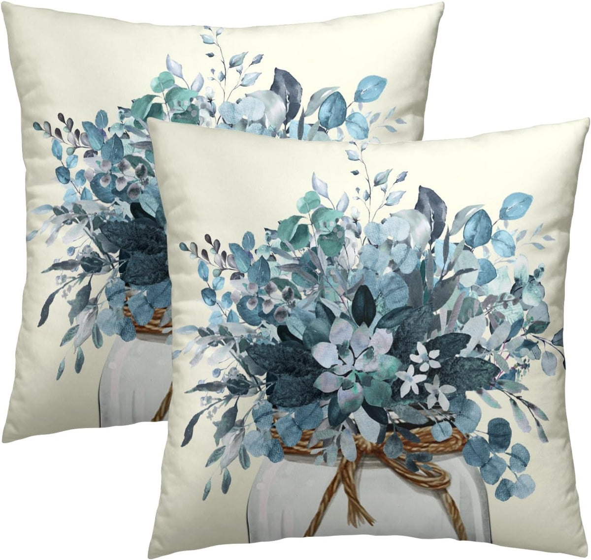 Eucalyptus Throw Pillow Covers 18x18 Set of 2, Rustic Winter Blue Leaves Greenery Vase Farmhouse Decorative Pillow Cases Cotton Cushion Cover for Home Sofa Couch Decor