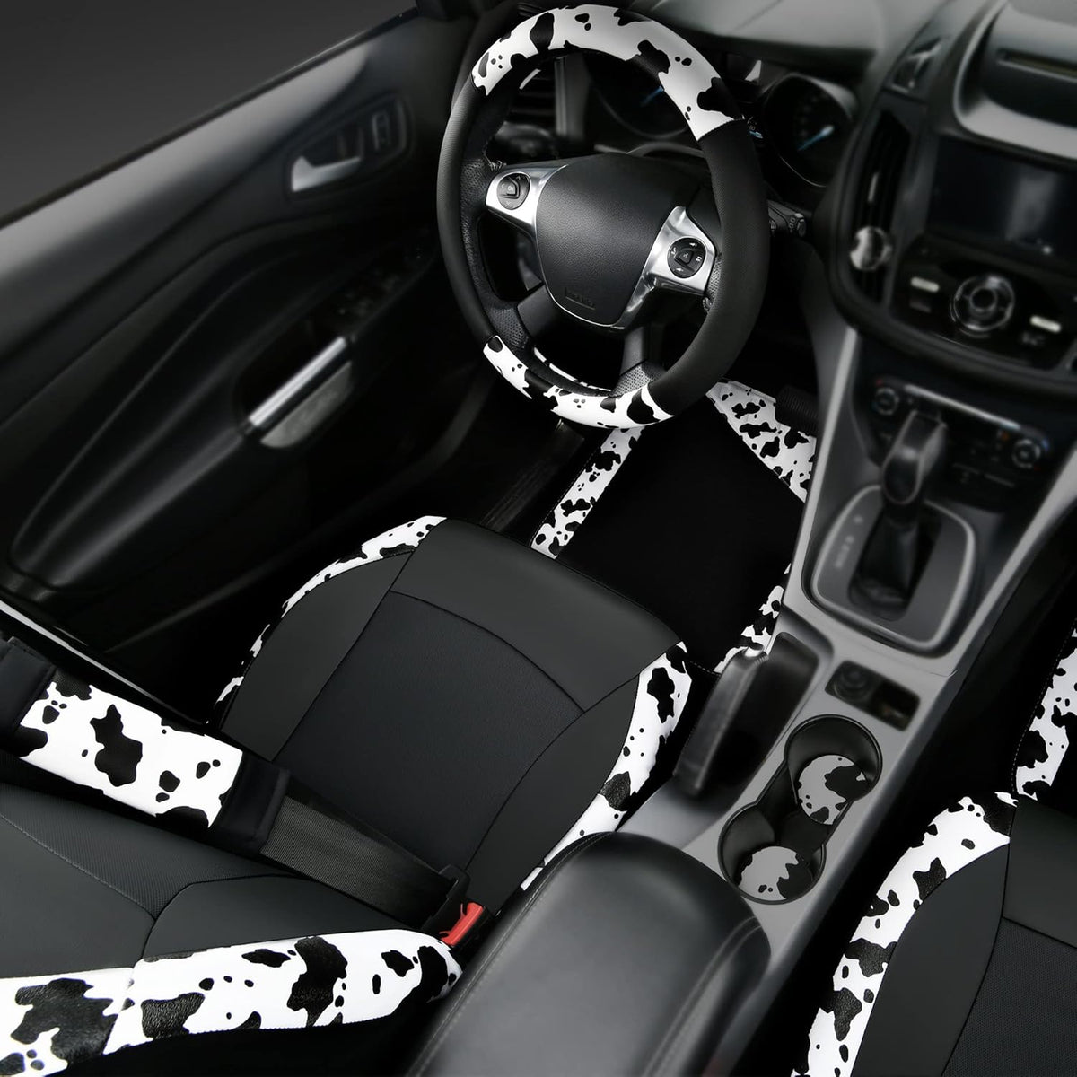 CAR-PASS Cow Print Car Accessories Sets Faux Leather Car Seat Covers & Cow Car Mats & Cow Steering Wheel Cover Seat Belt Pads Universal fit for SUV,Van,Saden,Truck Cute Automobile Interior Sets Women