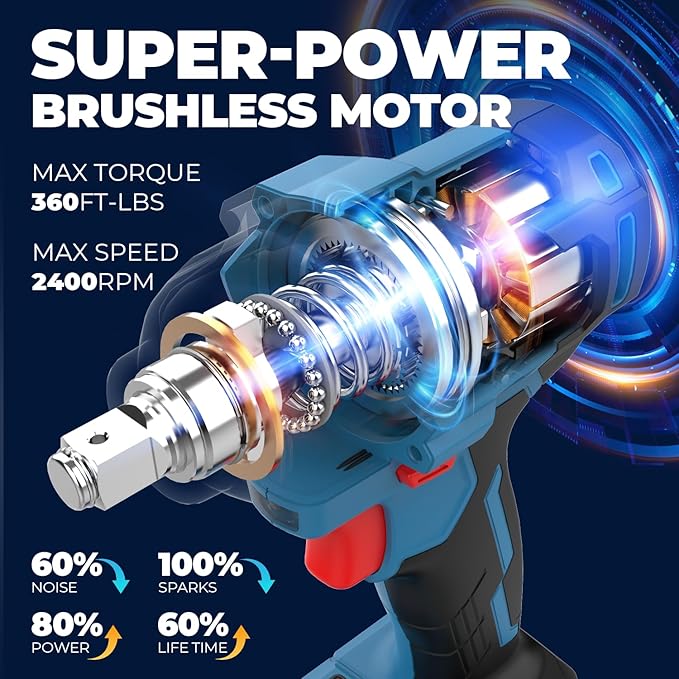 Dong Cheng 20V Brushless Impact Wrench, Max Torque 360 ft-lbs (488N.m), 1/2 inch with 3 Mode Speed, 2400 RPM Cordless Impact Gun, Includes 4.0Ah Battery, Charger, 4 Impact Sockets and Kit Bag