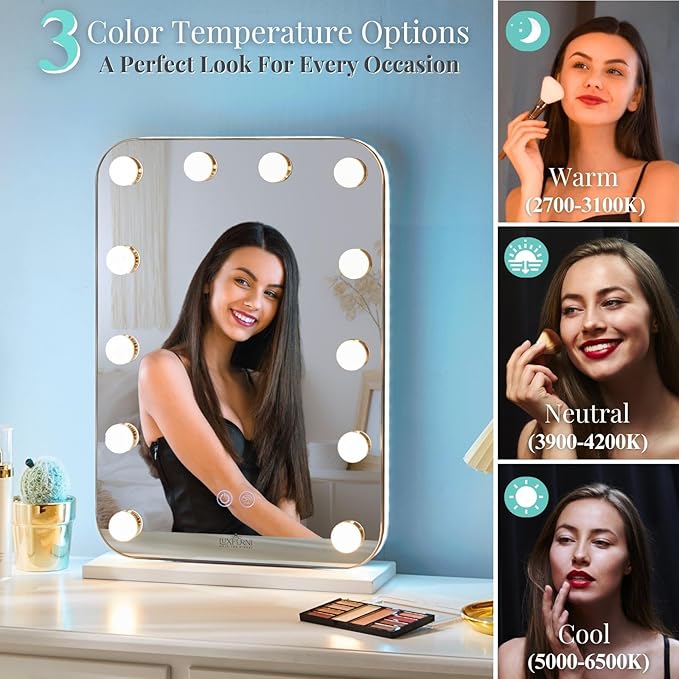 LUXFURNI Vanity Mirror with Lights, Lighted Makeup Mirror with 14 Dimmable Bulbs, Tabletop RGB Color Changing LED Mirror, 3 Color Mode, Touch Control, 20.3" L x 14" W
