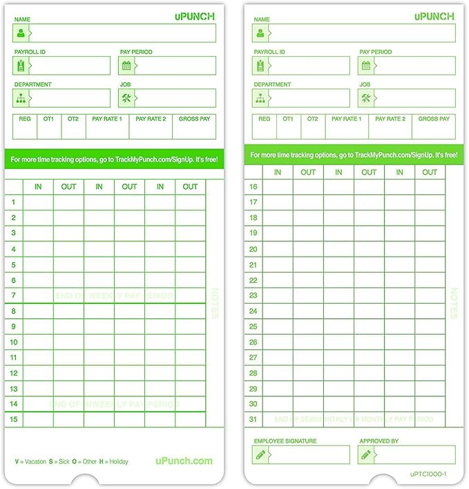 uPunch Time Clock Cards Hn3000, Two Sides, 7.37 X 3.37