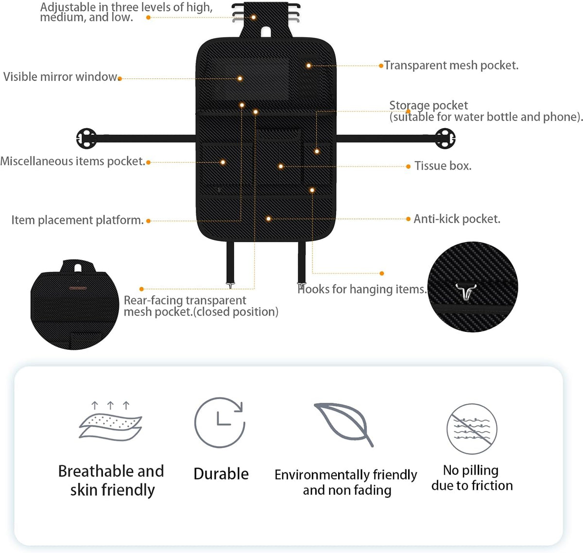 GMQ Back Seat Car Organizer 1 Pack,Backseat Organizer with Tray,Multifunctional Car Seat Back Storage Box with Foldable Tablet Holder (Carbon Black, Weave)