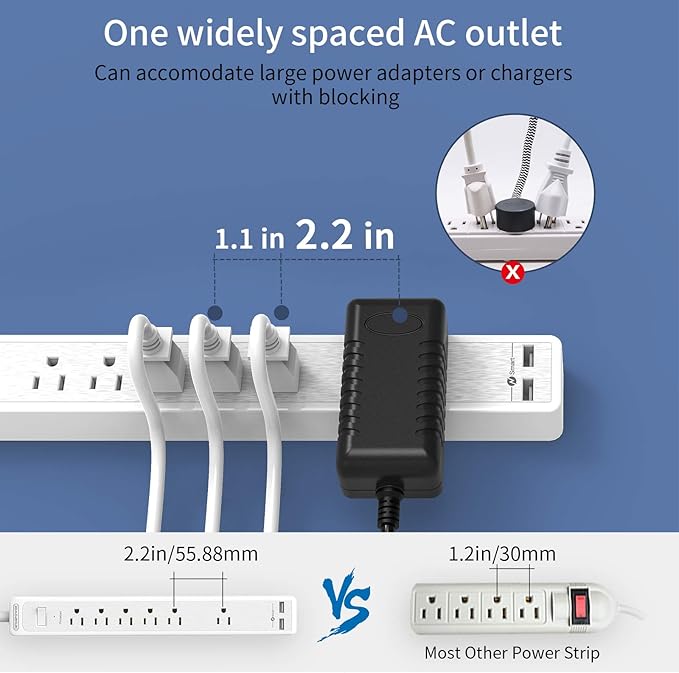 Extension Cord 15 ft, 6 Outlets Surge Protector Outlet, Heavy Duty Long Power Strip Flat Plug, 1875W Flat Plug, Widely Spaced Outlet, Wall Mount for TV Dorm Office Home Theater, White