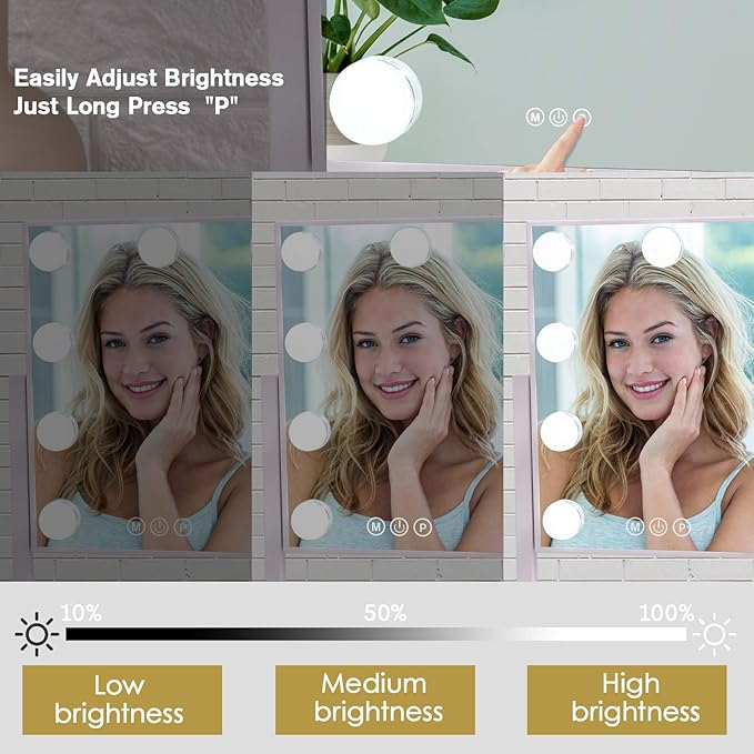 Lighted Makeup Mirror Hollywood Mirror Vanity Mirror with Lights, Touch Control Design 3 Colors Dimable LED Bulbs, Detachable 10X Magnification, 360°Rotation, (White) 12" L x 14" W