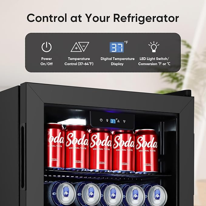 120 Can Beverage Refrigerator, Freestanding Beverage Cooler with Digital Temperature Display, Mini Drink Beer Soda Fridge for Office or Bar, White Indicator Light & Reversible Door - Black