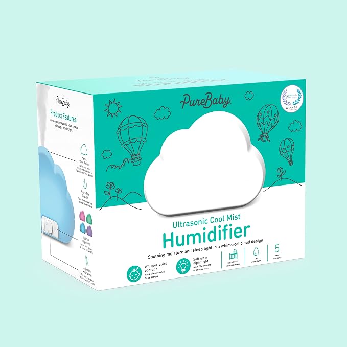 Pure Enrichment PureBaby Cloud Ultrasonic Cool Mist Humidifier Quiet Variable Mist for up to 24 Hrs Ideal for Baby Nurseries & Kids Bedrooms to Relieve Congestion Colds & Coughs, Night Light, BPA-Free