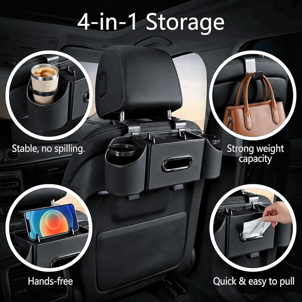 Back Seat Car Organizer, Nappa Leather Car Seat Organizer with Cup Holders and Tissue Box, Premium Hanging Storage Bag for SUV Truck Road Trip (Black)