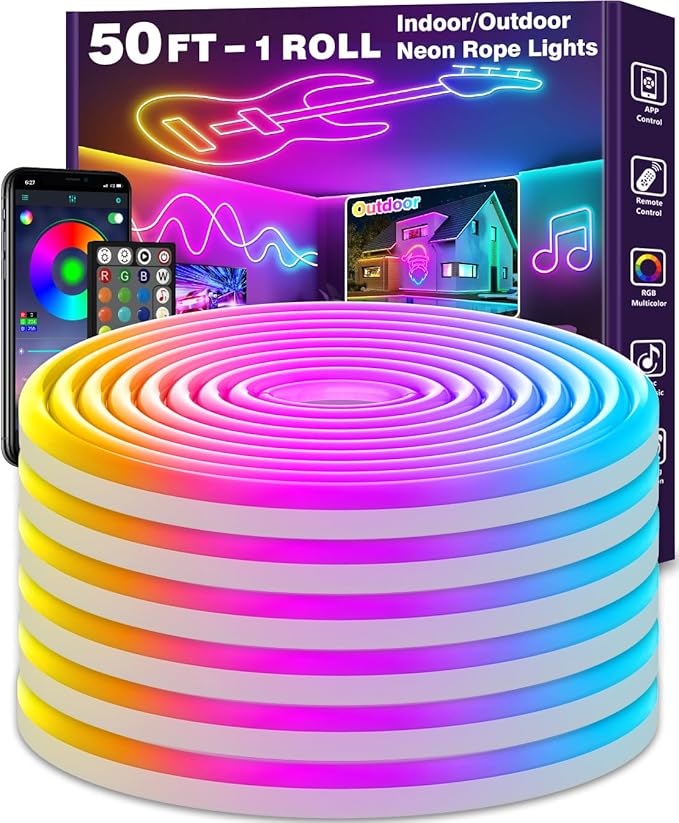 LETIANPAI 50Ft Neon Rope Lights,Flexible Led Rope Lights Control with App/Remote,Multiple Modes Music Sync Gaming RGB Led Neon Lights for Bedroom Outdoor