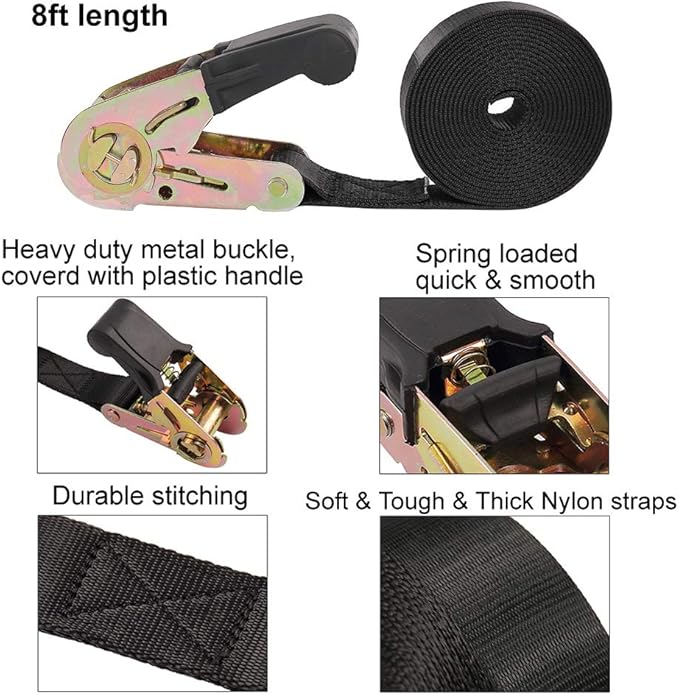 Endless Ratchet Tie Down Straps Heavy Duty Cargo Tie Downs, Sturdy Nylon Black Strap Down Ratcheting Securing Straps, Track Spring Fittings, Tie-Down Motorcycles, Trailer Loads, Kayak