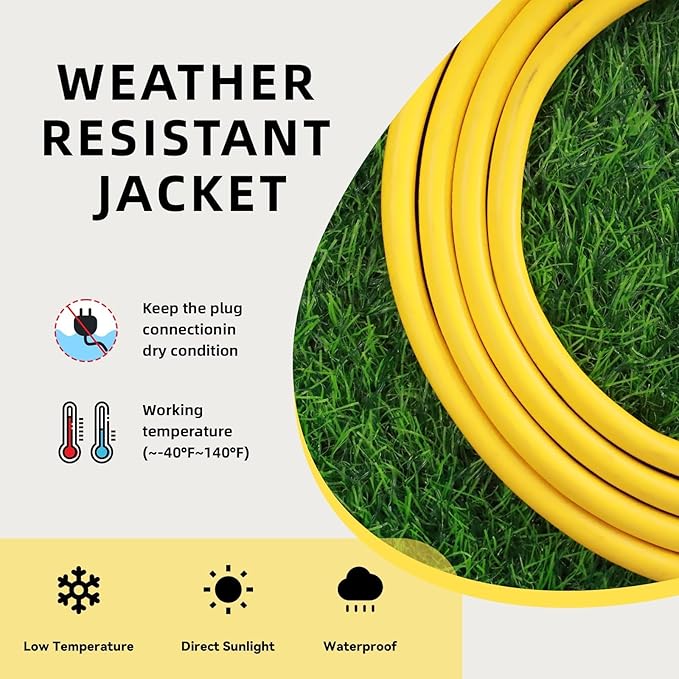 EP 10 Ft Outdoor Extension Cord, 12/3 SJTW Heavy Duty Extension Cable with 3 Prong Grounded Plug, 15 AMP Power Cord for Lawn, Garden, Appliances, Yellow