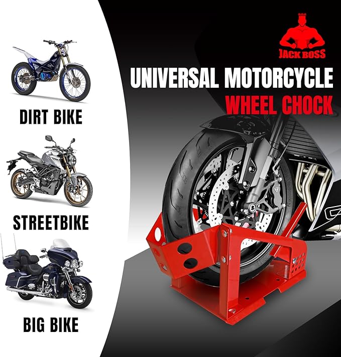 Jack Boss Motorcycle Wheel Chock, Motorcycle Stand Up to 1800 Lbs, Wide Range Less Than 6 Inch, 12 Holes Support Adjustable Front Tire Stand Chocks for Most Motorcycle