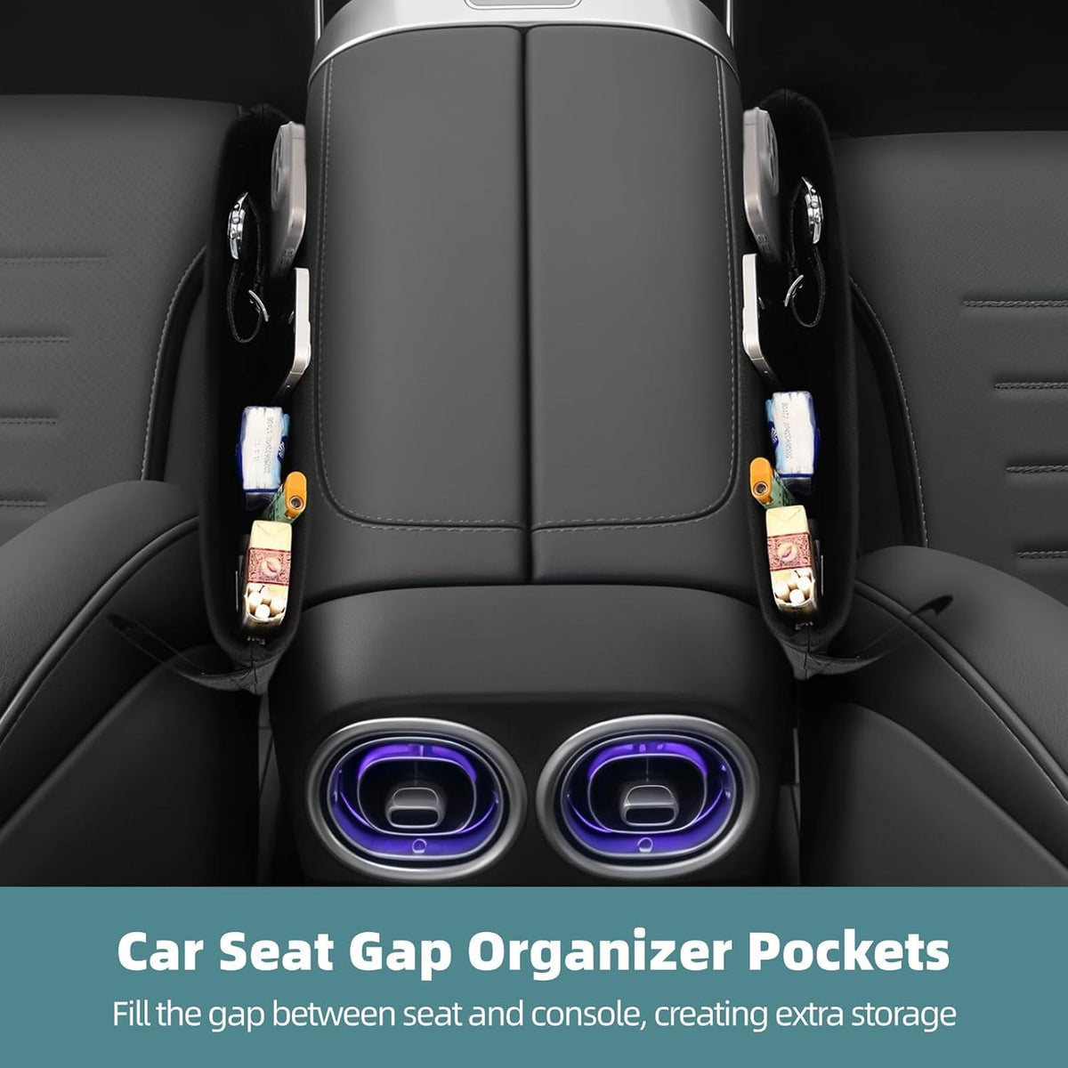 OMISTAR 2 PCS Car Seat Gap Organizers - PU Leather Car Console Side Pocket, Universal Car Seat Gap Filler Storage Box for Phone Keys Wallet Sunglasses, Car Interior Accessories Seat Catcher