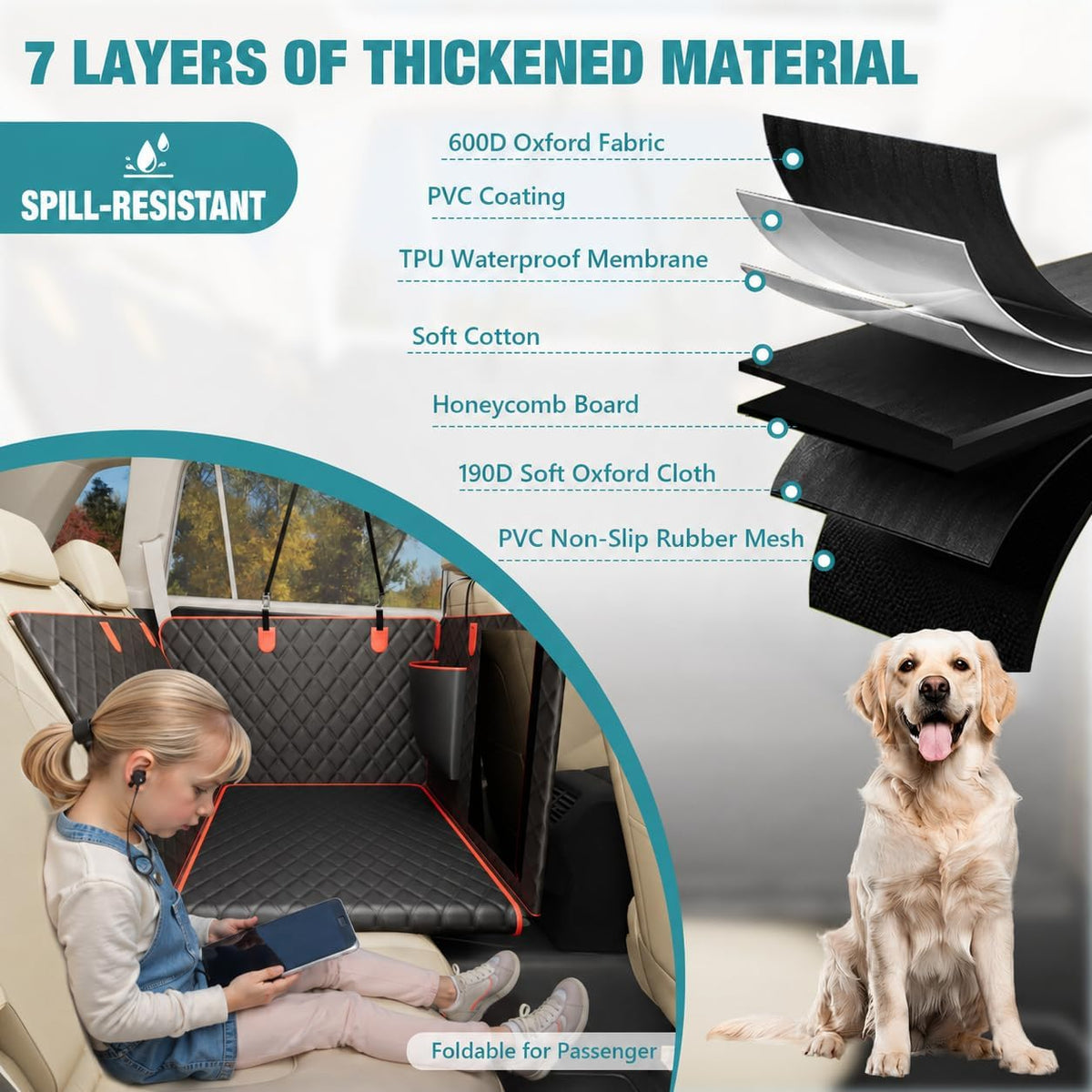 Bark Lover Dog Car Seat Cover for Back Seat – Heavy Duty Back Seat Extender for Dogs with Hard Bottom, 7-Layer Protection, Non-Slip & Scratchproof, Easy to Install (Red)