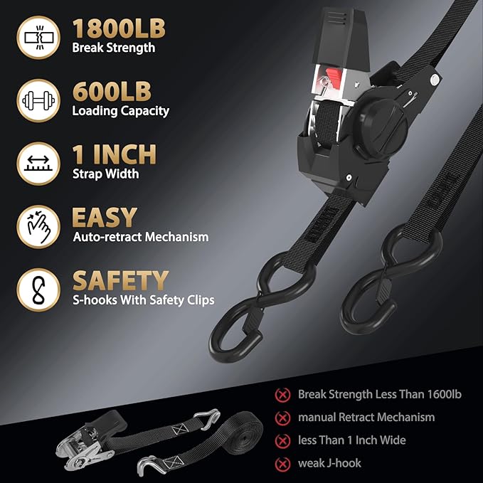10FT Retractable Ratchet Straps(2-Pack) - 1 Inch (1800 LB Break Strength) Heavy Duty Self Retracting Ratchet Straps with Soft Loops & Storage Bag for Household, Motorcycle, Truck, ATV(Black)