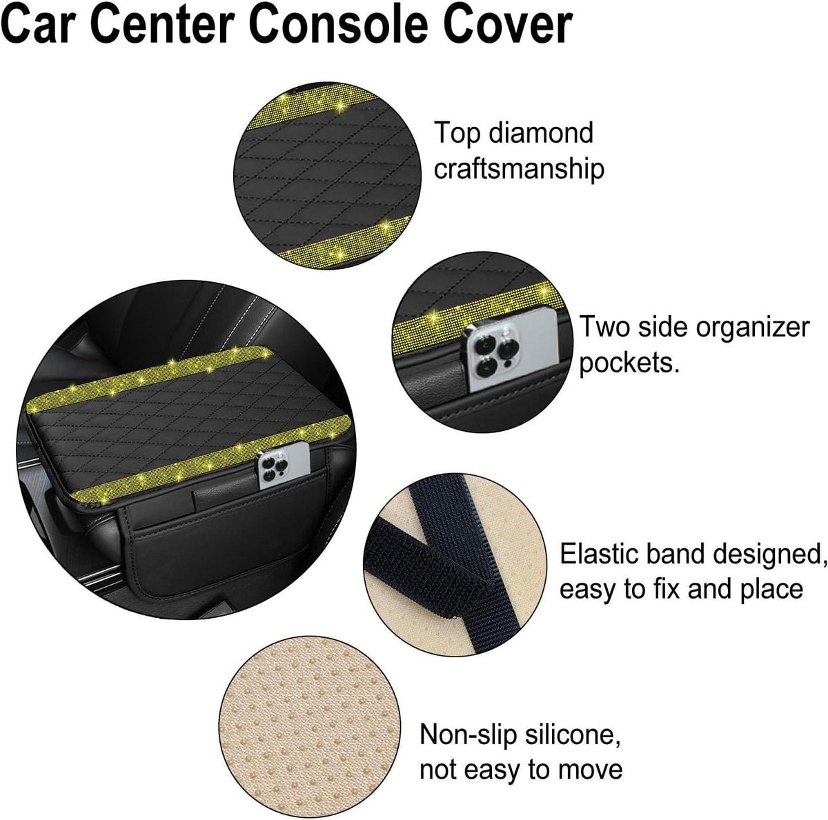 NBTEPEM Bling Car Center Console Cover, Leather Car Arm Rest Cover Cushion with 2 Storage Bags, Middle Console Cover Universal Armrest Protector Pads, Bling Accessories for Most Vehicles (Yellow)