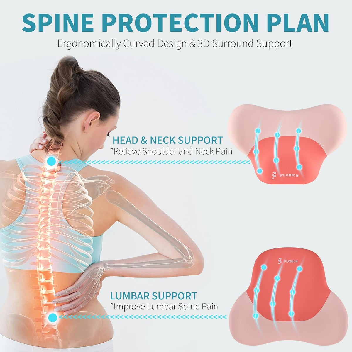FLORICH Car Neck Headrest Pillows, Ergonomic Office Chair Seat Cushions, Car Lumbar Back Support Pads, for Back Butt Sciatica Tailbone Hip Pain Pressure Relief Comfortable Spine Hip Pillow