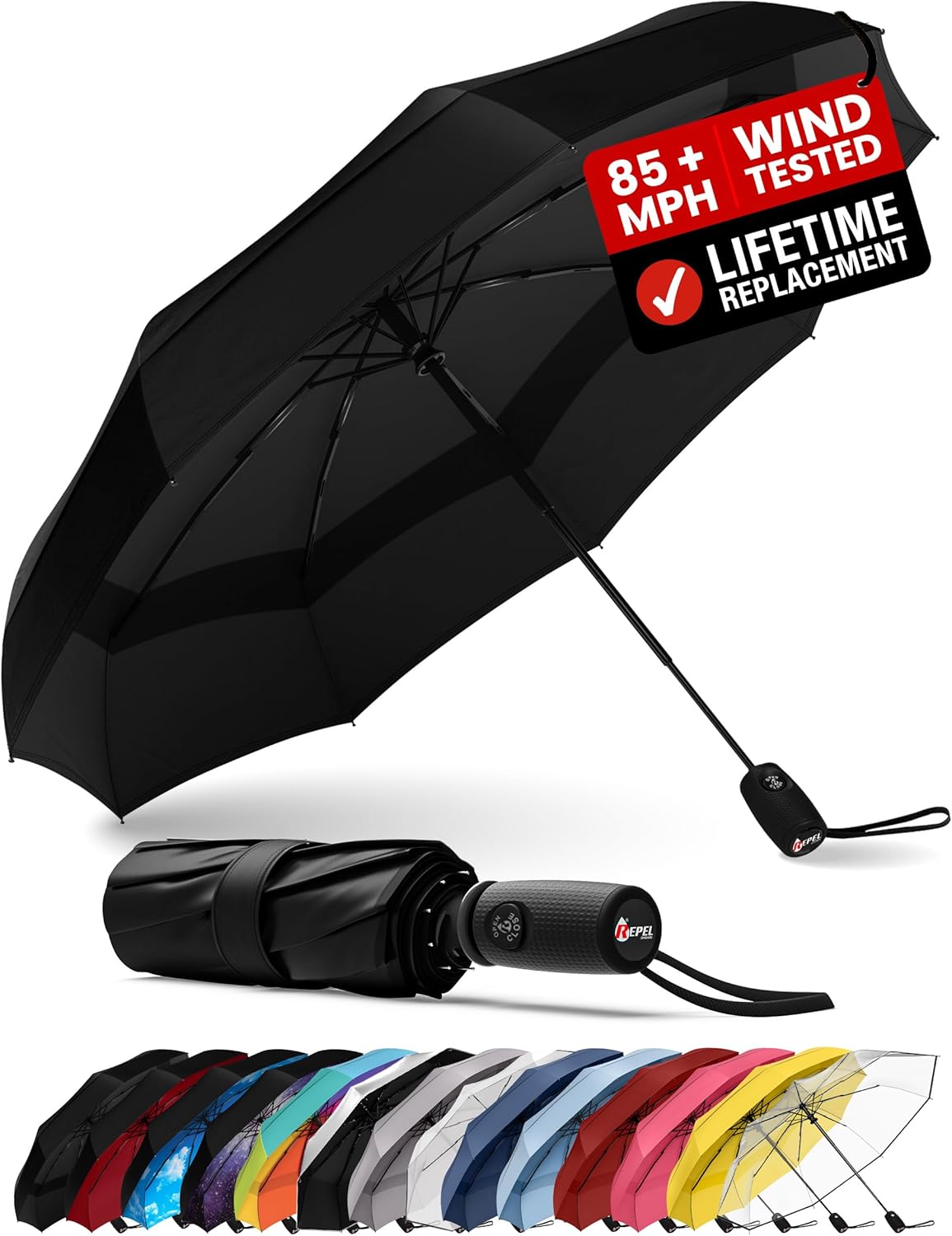 REPEL Windproof Travel Umbrella - Compact Design Withstands Winds Up to 85MPH | Durable & Portable for Rain and Sun