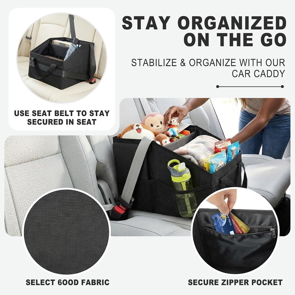 Car Seat Organizer Caddy, Collapsible Front Backseat Car Organizer & Floor Storage with Dividers, Mesh Pockets, Belt & 4 Cup Holders for Kids and Travel Accessories