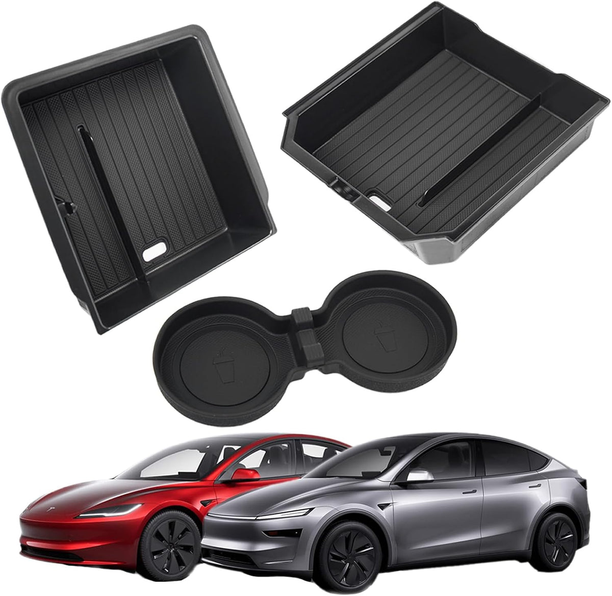 Center Console Organizer Tray for Tesla Model Y Juniper Accessories 2025 2026 and Model 3 Highland Accessories 2024 2025 2026 for Tesla Accessories Cup Holder Matte Black (3PCS)
