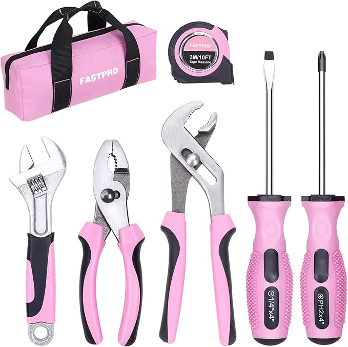FASTPRO 7-Piece Pink Tool Kit, Household Tool Set for women, Basic Hand Tools for Home Maintenance & Repairing, Includes Small Tool Bag