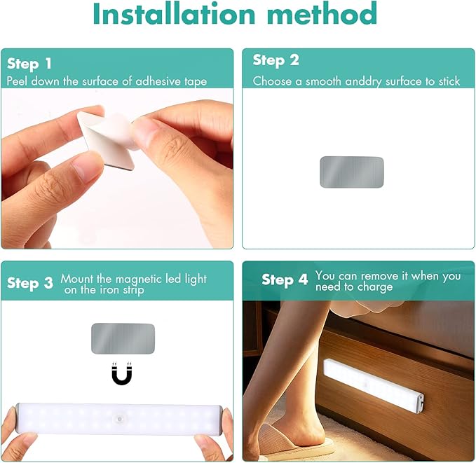 Wireless Under Cabinet Lights Motion Sensor - 28 LED Rechargeable Closet Light, Magnetic Stick-on Battery Operated Night Light for Kitchen, Wardrobe, Hallway, Stairs, Cupboard, Pantry (2 Pack)