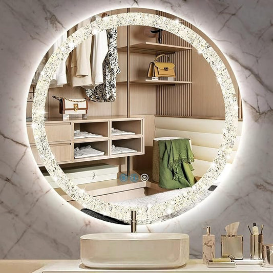 THEKLA 24 Inch Bathroom Crystal LED Round Mirror with Lights Memory 3 Color Dimmable Crystal AntiFog Round Lighted Vanity Mirror for Bathroom Wall 24" Diamond Circle Light up Vanity Mirror with Lights