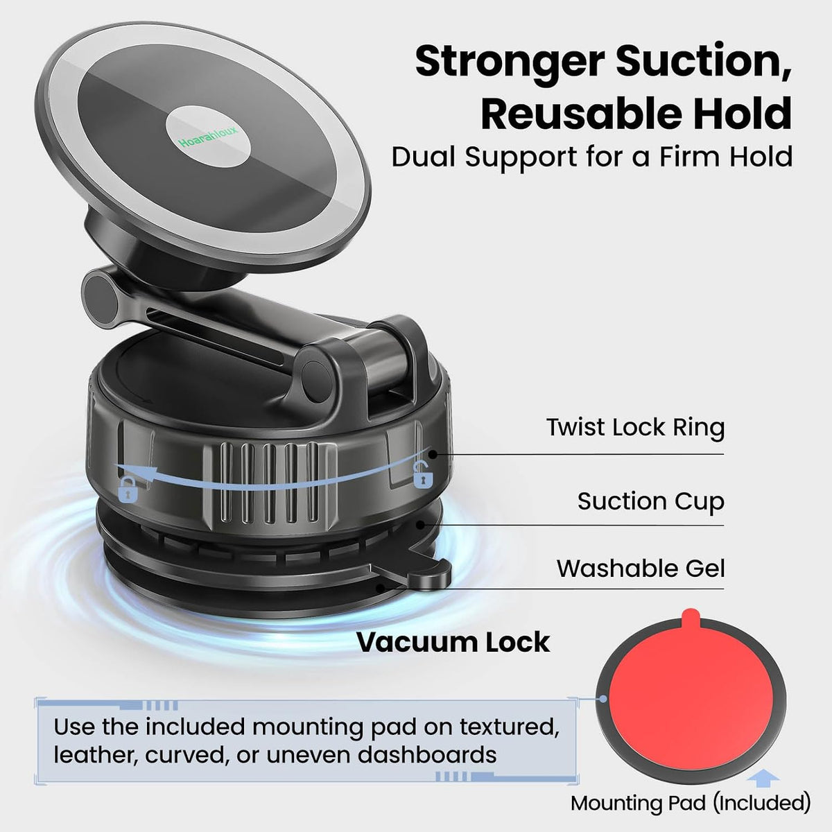 2-in-1 Strong Magnetic Suction Cup Car Phone Holder with Air Vent Hook, Rotatable Hands-Free Phone Mount for Dashboard and Windshield for Navigation, Compatible with iPhone & Android Phones