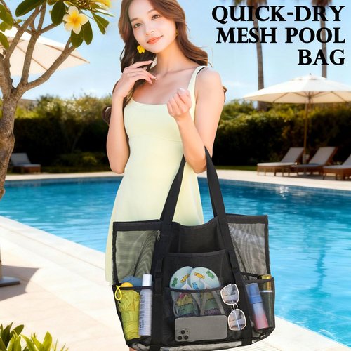 Fammart Mesh Beach Bag - Large Beach Tote with Zipper Pocket for Family Travel & Vacation Essentials