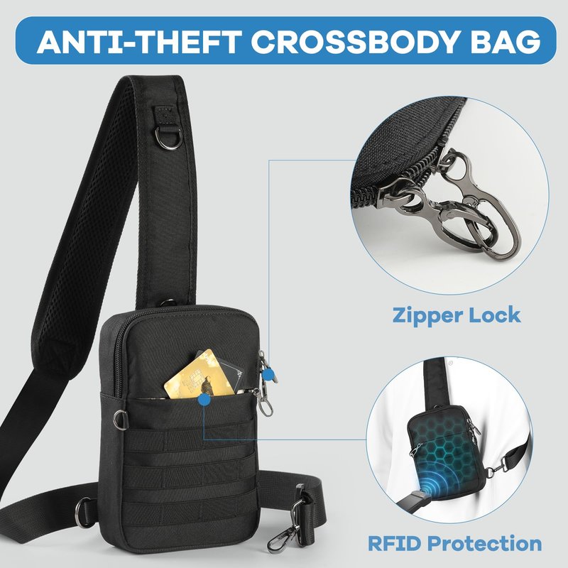 Sling Bag, Tactical Anti Theft Crossbody Bag with Zipper Lock RFID EDC Small Chest Bags for Men Women