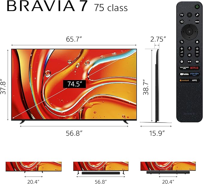 Sony 75 Inch BRAVIA 7 Mini LED QLED 4K HDR Smart Google TV (K-75XR70) | XR Processor with AI Technology, Dolby Vision/Atmos, PS5 Features, XR Backlight Master Drive, 4K movie credits included