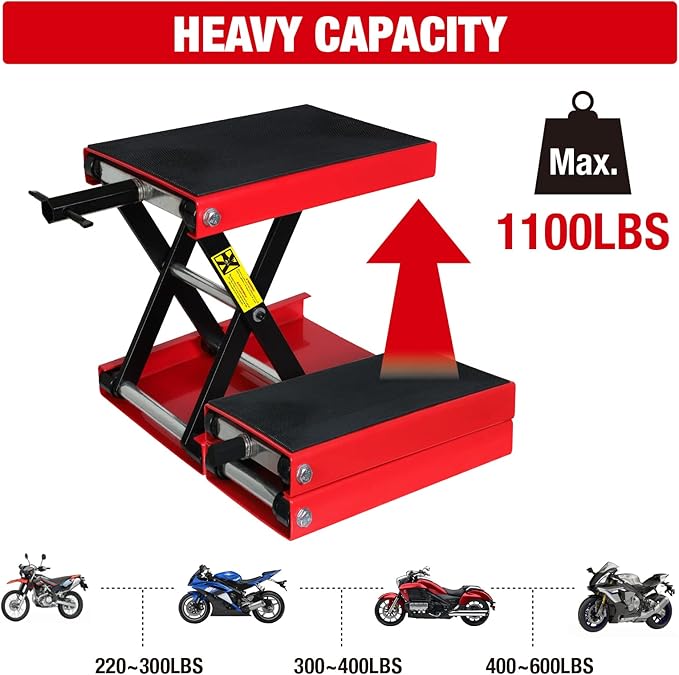 Torin ATRM01101B Portable Steel Motorcycle Lift Scissor Jack: Wide Deck Hoist Stand for ATV, UTV Snowmobile Maintenance, Capacity 1100lb
