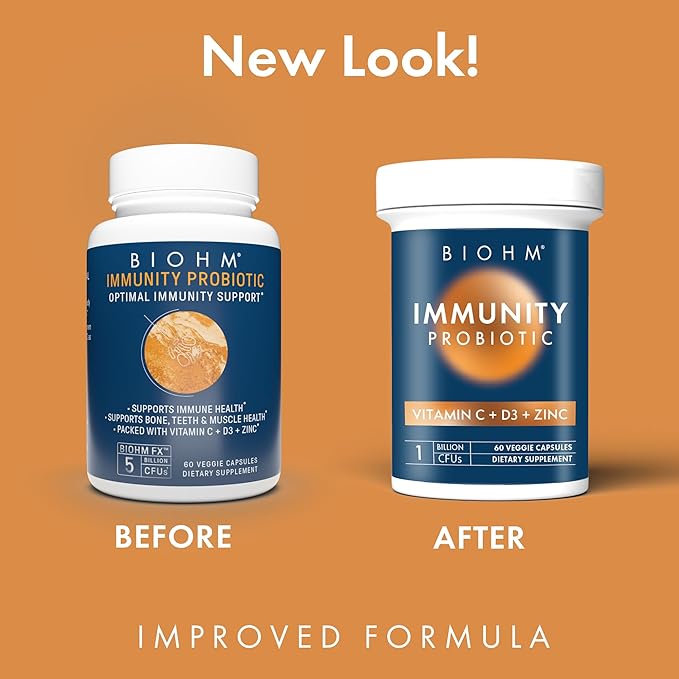 BIOHM Immunity Probiotic with Vitamin C, D3 & Zinc, 1 Billion CFU (60 Capsules) Daily Probiotics for Women & Men, Digestive Health & Immune Support, Vegan, Gluten-Free and Non-GMO