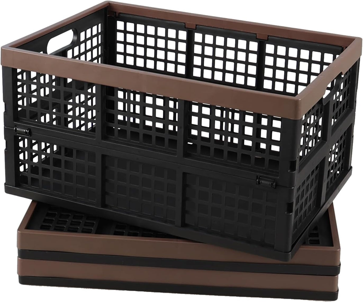 42 L Large Folding Utility Crates Plastic, 3 Packs Stackable Storage Bins, Collapsible Milk Crate