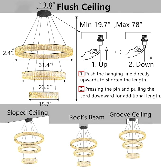 HAIXIANG Modern Glam Chandelier Crystal LED Remote Rings Chandelier Adjustable