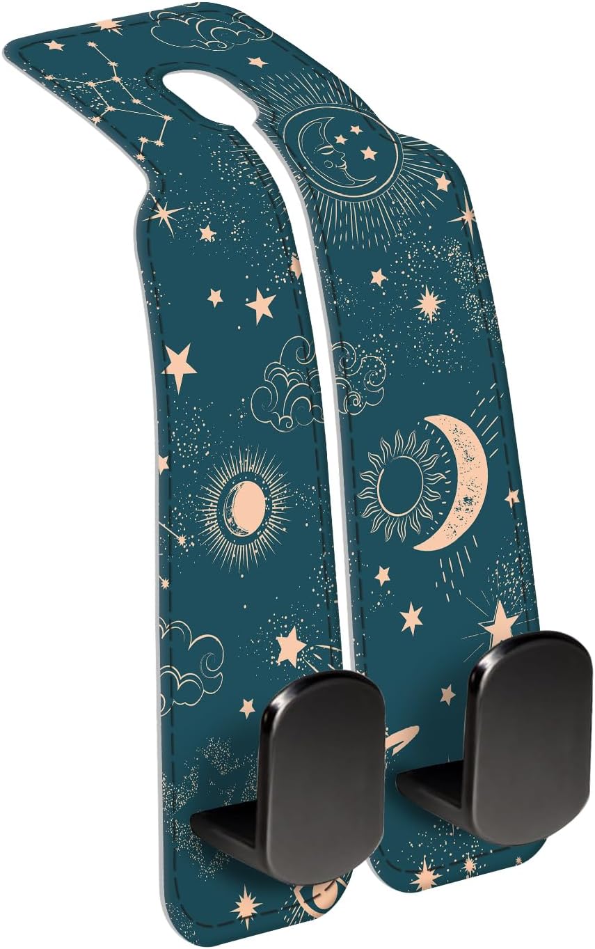 Car Seat Back Storage Headrest Hook, Premium Leather Double Metal Hook, Hanger Storage Organizer for Purse Cloth Bag, Car Interior Accessories Cute Blue Sun Boho