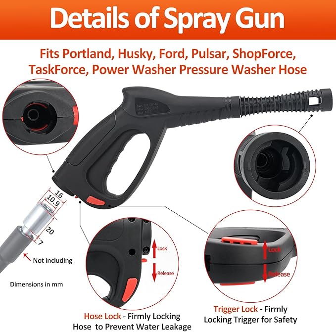 Bear Force High Pressure Water Spray Gun Wand Nozzle, Replacement Pressure Washer Gun Compatible with Portland Pulsar Husky Powerwasher TaskForce TaskMaster ShopForce Electric Pressure Washers