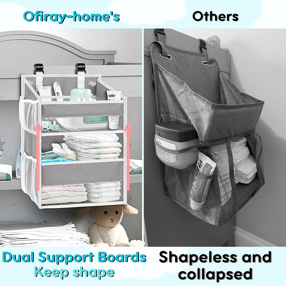 Hanging Diaper Organizer, 2 Tier Hanging Diaper Caddy, Holds 90+ Diapers | Durable Diaper Organizer for Changing Table,Cribs,Car,Playard or Wall & Nursery Organization, 4 Mesh Pockets, Won't Deform