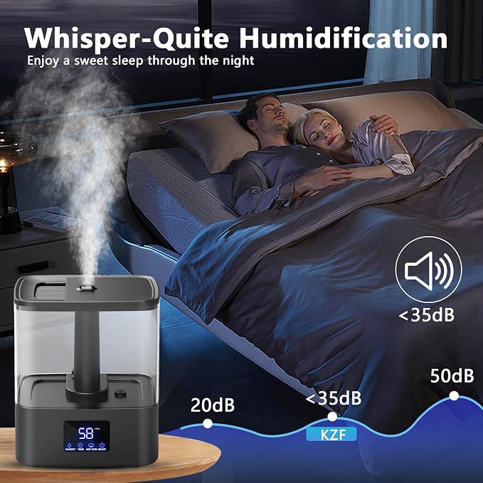 KZF 4L Top Fill Humidifiers for Bedroom & 60H Runtime - Cool Mist Humidifier, 3 Mist Levels, 8H Timer, Essential Oil Tray, Humidity Display, Quiet for Bedroom, Baby, Plants, Large Room (Black, 4L)