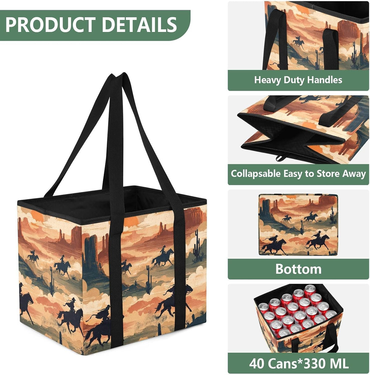 Trunk Organizer Collapsible Car Organizer with Handle Car Storage Box Bin for Groceries SUV Utility Tote Bag Portable Vehicle Container Beige Cowboy Gallop Western