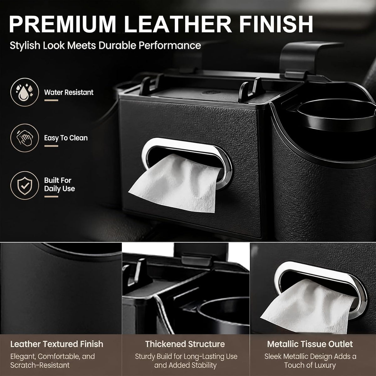 Back Seat Car Organizer, 2 Cup Holders, Tissue Holder, Phone Stand & Hooks