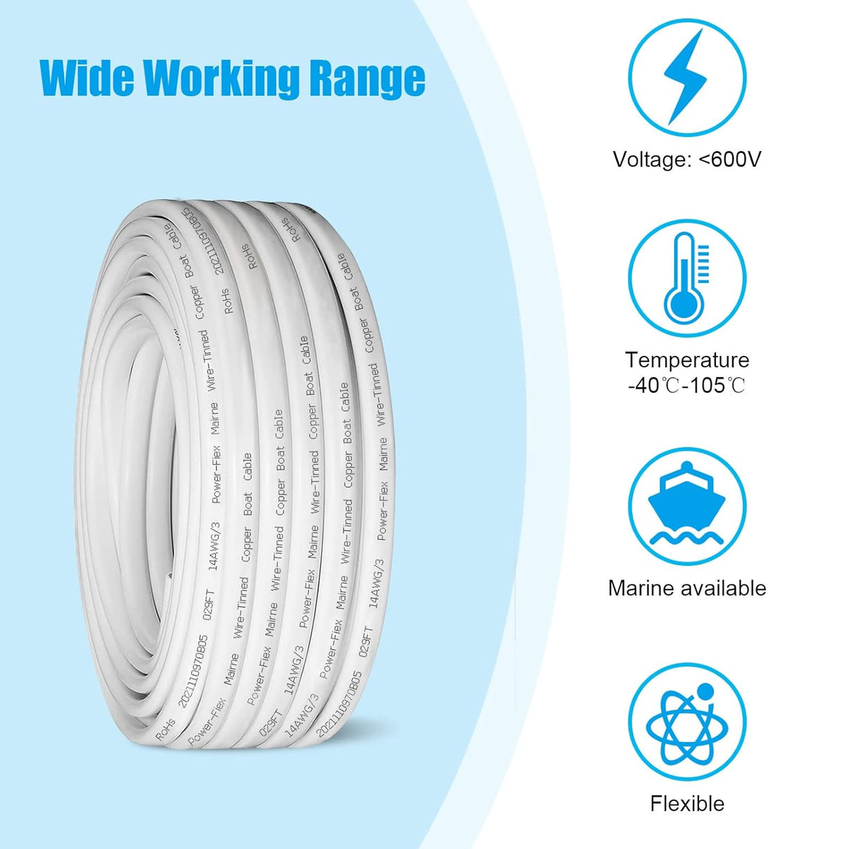 Skiennix 14 Gauge Marine Wire - Tinned Copper Boat Cable, 30ft OFC for Automotive & Solar Use