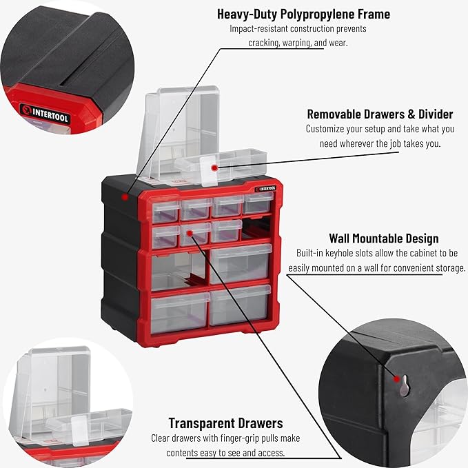 INTERTOOL Small Parts Organizer - 12 Removeable Bin Drawers - Tool Box for Storing Hardware and Garage Organization - For Screws, Bolts, Legos, Arts and Crafts - 10” x 10” x 6” - BX08-4024