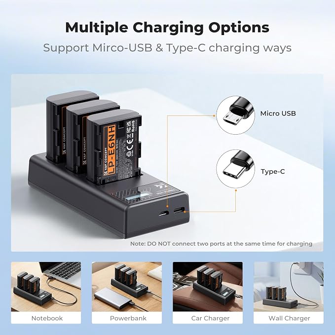 K&F CONCEPT 2600mAh LP-E6NH Battery and 3-Slot Battery Charger Compatible