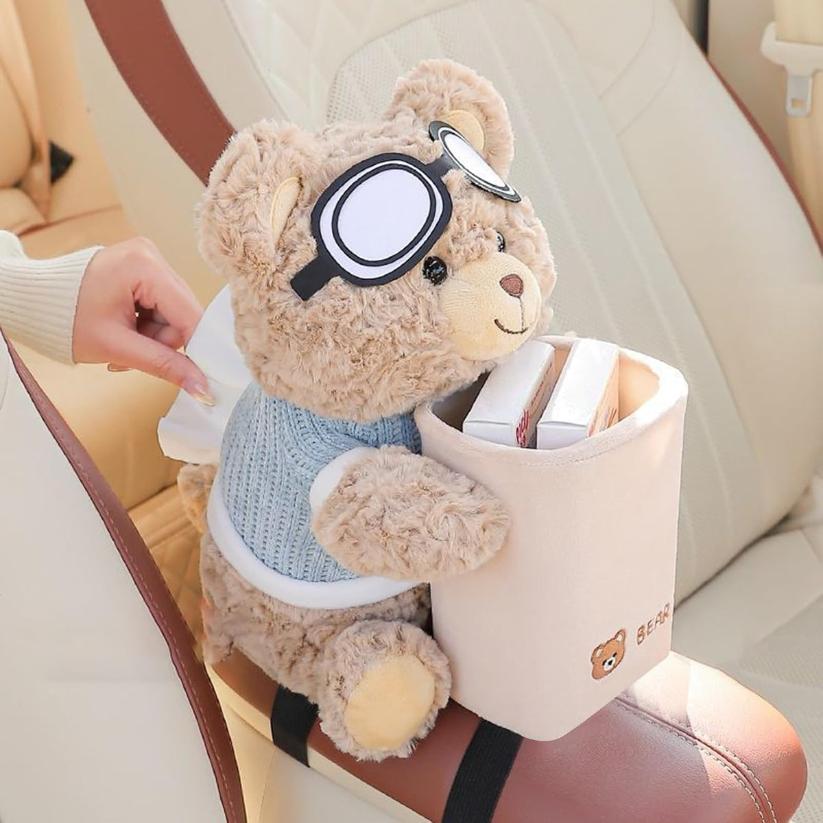Cute Bear Plush Car Tissue Holder and Trash Can, 2-in-1 Cartoon Bear Car Tissue Box Design with Aviator Goggles, Waterproof, Beige, 25x22x28cm