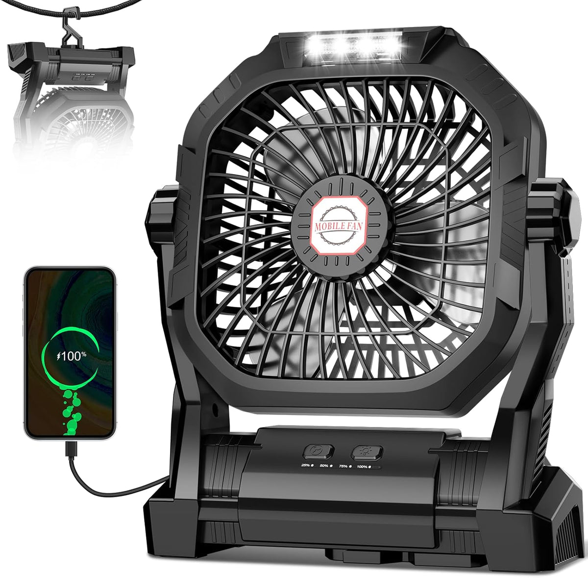 Camping Fan Rechargeable, 20000mAh Battery Powered Portable Fan with LED Light & Hook, 4-Speed 270° Adjustable, Camping Essentials for Tent, Travel, Car, Outdoor, Indoor, BBQ, Fishing, Jobsite