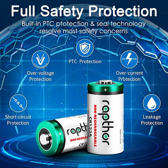 rapthor CR123A Lithium Batteries 3V 12 Pack 1650mAh High Capacity CR123 CR17345