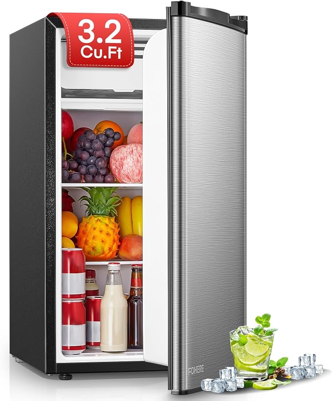 FOHERE 3.2 Cu. Ft Small Refrigerator with Freezer, Compact Mini Fridge with 7 Level Temperature Control, Removable Glass Shelves for Bedroom, Office, Dorm, Stainless Steel, BC-90U-E
