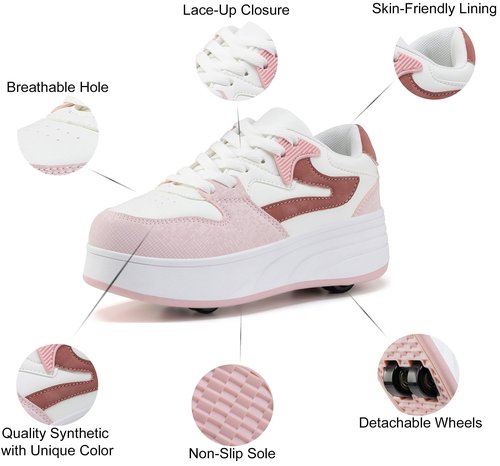 ANEFUN Roller Skate Shoes for Kids Boys Girls Sneakers with Detachable Wheels Sport Shoe White/Pink